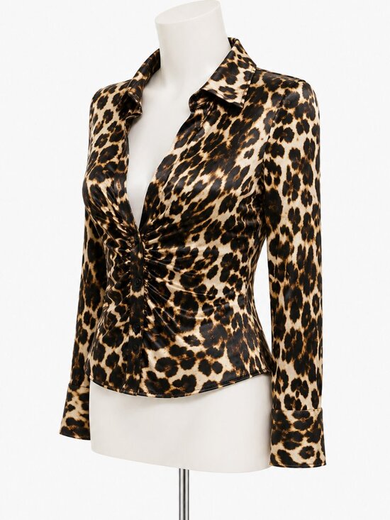 Zara Tops - ZARA Leopard Print Satin Ruched Front Blouse Brown Black Long Sleeve Size Large